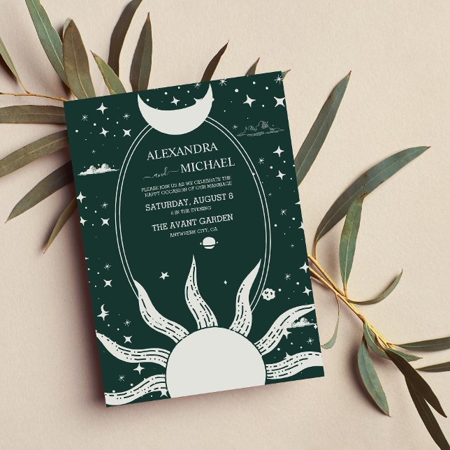 Invitation Mariage Lune Soleil Argent et Vert Mystique (Créateur téléchargé)