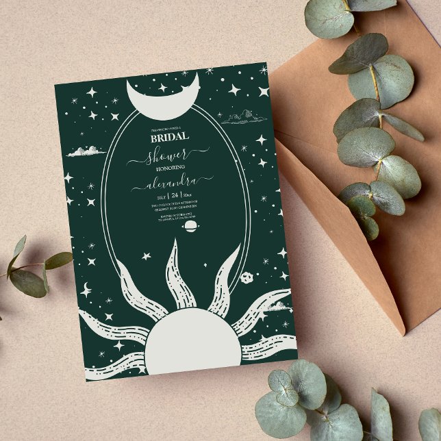 Invitation Mariage Lune Soleil Argent Mystique et Vert (Créateur téléchargé)
