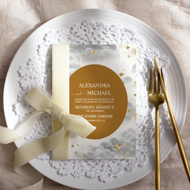 Invitation Mariage Lune & Soleil Étoiles Blanches et Or Céles (Créateur téléchargé)
