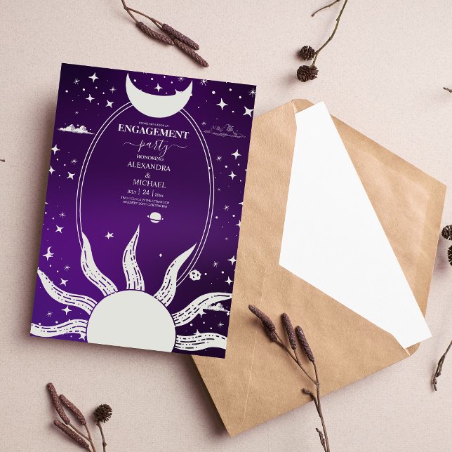Invitation Mariage Lune Soleil Violet et Argent Mystique (Créateur téléchargé)
