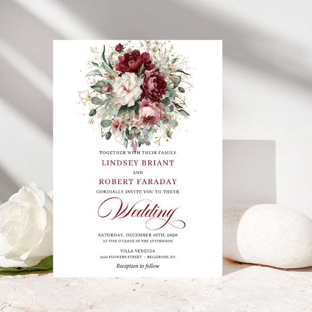 Invitation Mariage Luxe Boho Bourgogne Blanc Floral Or  (Luxury Boho Burgundy White Floral Gold Wedding Invitation)