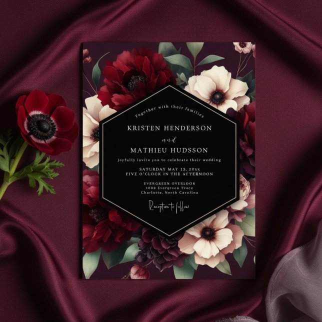 Invitation Mariage Luxe Floraison Bourgogne (Créateur téléchargé)