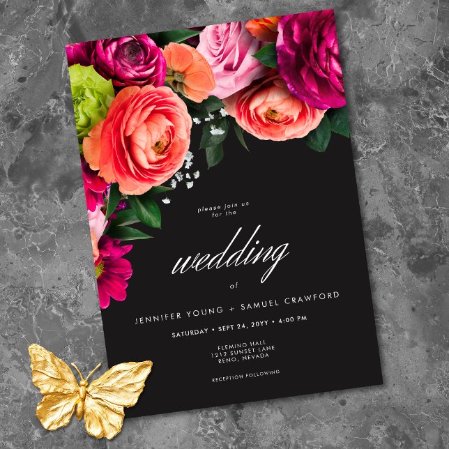 Invitation Mariage Luxe Floral Vibrant Rose Noir (Moody Luxe Floral Vibrant Pink Black Wedding Invitation)
