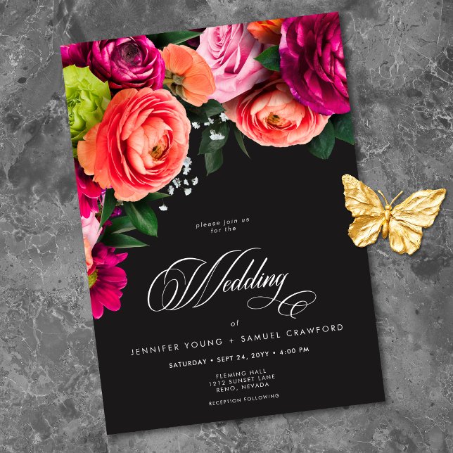 Invitation Mariage Luxe Floral Vibrant Rose Noir (Moody Luxe Floral Vibrant Pink Black Wedding Invitation)
