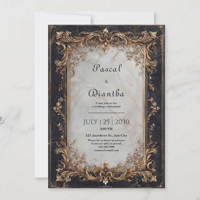 Invitation Mariage Luxe Or Baroque Marbre Blanc (Devant)