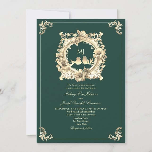 Invitation Mariage Luxe Or et Vert Émeraude (Devant)