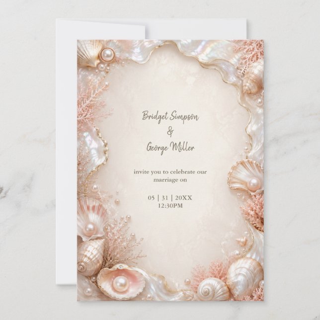 Invitation Mariage Luxe Perle Coquillage glamour Romance (Devant)