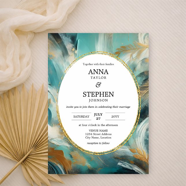 Invitation Mariage Luxe Turquoise Or Pinceau (Créateur téléchargé)