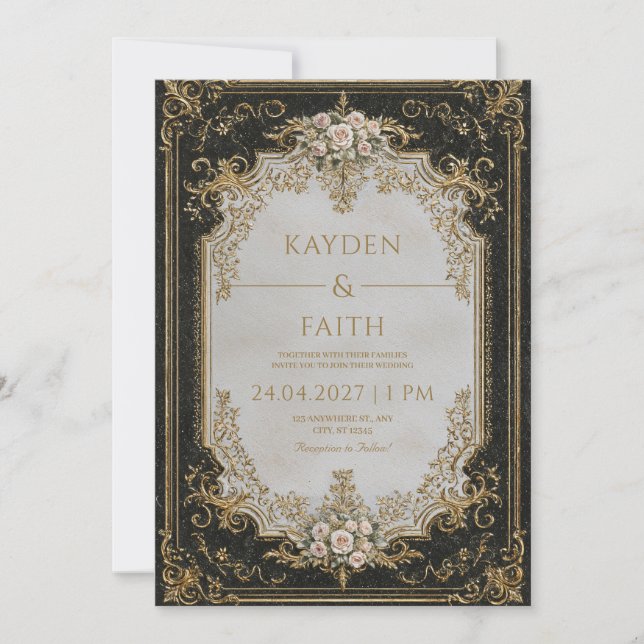 Invitation Mariage Luxe Victorien Or Baroque Rose Noire (Devant)