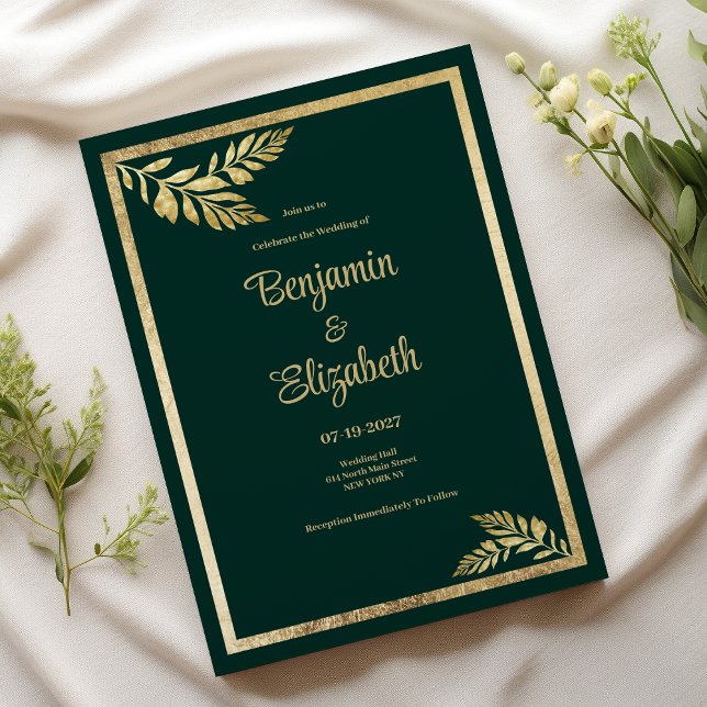 Invitation Mariage luxueux à charpente dorée vert foncé (Luxury dark green golden leaf frame Thank You)