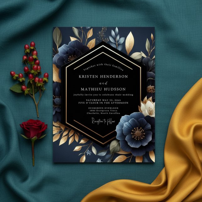 Invitation Mariage Luxueux à Fleurs de Nuit Profonde (Créateur téléchargé)