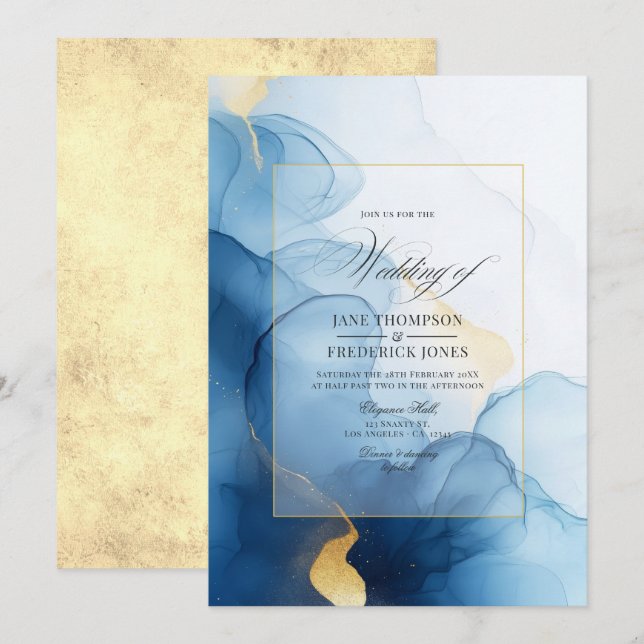 Invitation Mariage Luxueux à l'Encre Bleue et Or (Devant / Derrière)