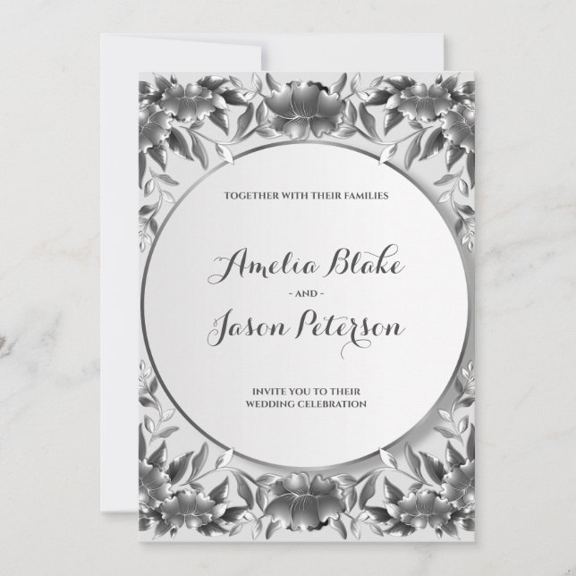 Invitation Mariage Luxueux Argent Gravure Feuillage (Devant)
