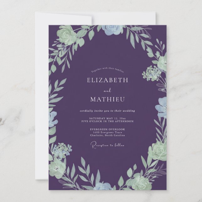 Invitation Mariage Luxueux aux Feuilles de Prunier et Menthe (Devant)