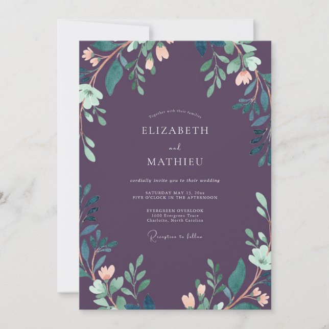 Invitation Mariage Luxueux aux Feuilles de Prunier Profond (Devant)