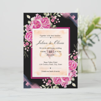 Invitation Mariage Luxueux aux Roses Noires et Roses Fuchsia