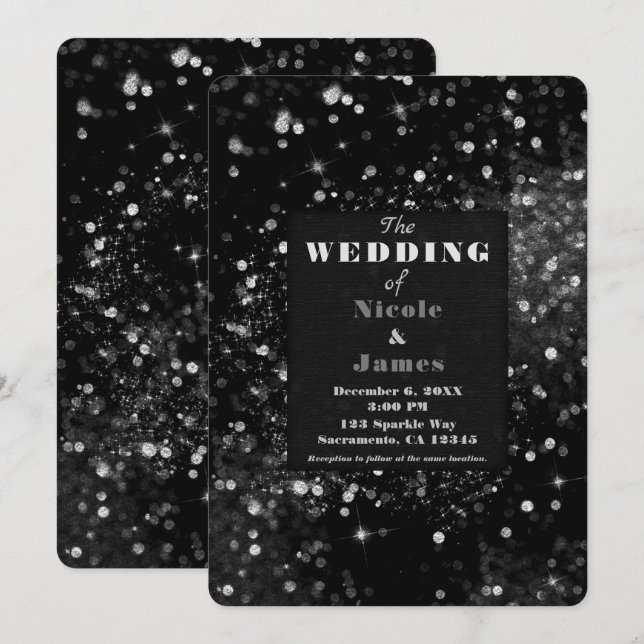 Invitation Mariage Luxueux avec Lumières Scintillantes Noires (Devant / Derrière)