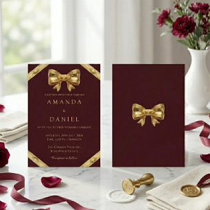 Invitation Mariage Luxueux avec Nœud Bourgeon Doré et Bourgog