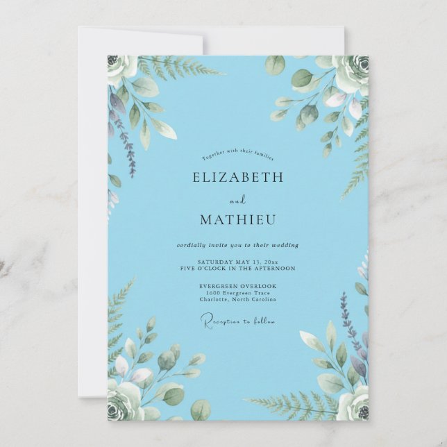 Invitation Mariage Luxueux Azure à Feuillage Peint (Devant)