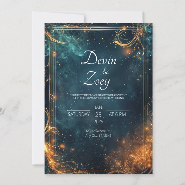 Invitation Mariage Luxueux Baroque Doré Céleste Nuit Étoilée (Devant)