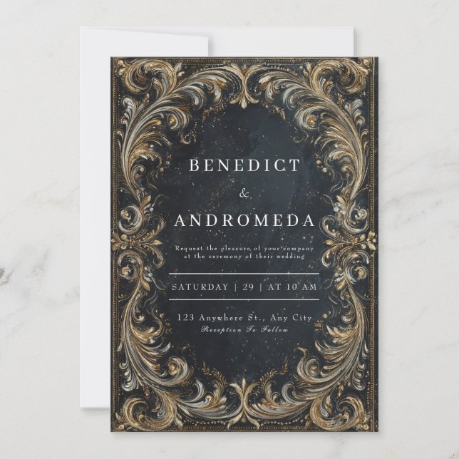 Invitation Mariage Luxueux Baroque Noir Or Argent Orné (Devant)