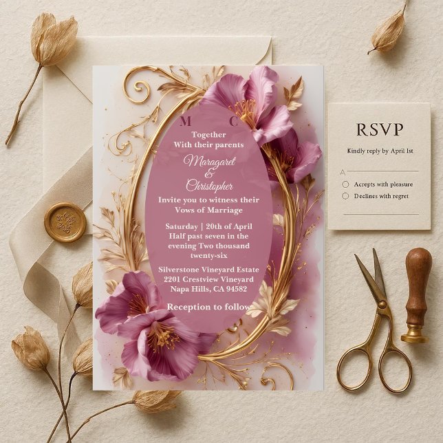 Invitation Mariage Luxueux Baroque Opulent Tulipe Mûre Or (Luxury Baroque Opulent Mulberry Tulip Gold Wedding Invitation)