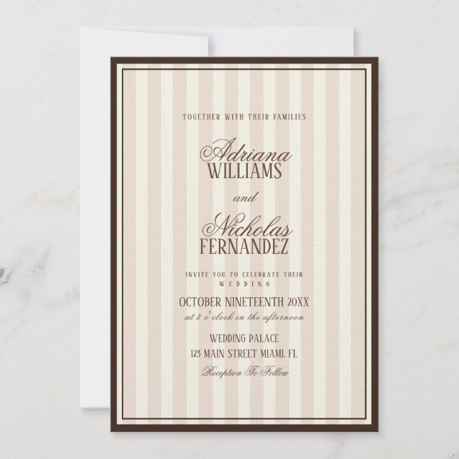 Invitation Mariage Luxueux Beige Espresso Rayures (Devant)