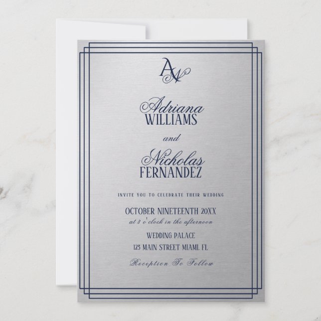 Invitation Mariage Luxueux Bleu Argent Monogramme (Devant)