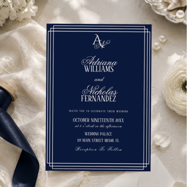 Invitation Mariage Luxueux Bleu Nuit Monogramme (Créateur téléchargé)