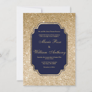Invitation Mariage Luxueux Bleu Nuit Paillettes Dorées