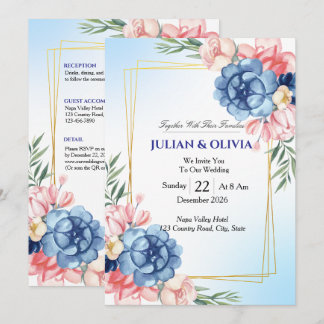 Invitation Mariage Luxueux Bleu Poussiéreux et Rose Blush