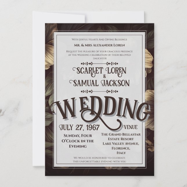 Invitation Mariage Luxueux Élégant Rétro Classique Sombre (Devant)