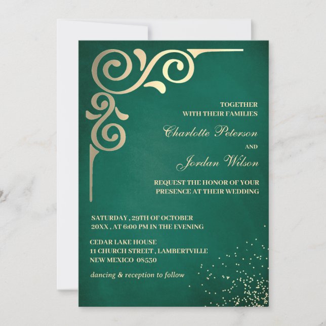 Invitation Mariage Luxueux Émeraude Vert Et Or (Devant)