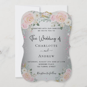 Invitation Mariage luxueux et élégant à fleurs rose argent