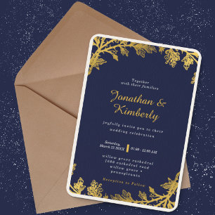 Invitation Mariage luxueux et élégant avec fleurs navies et d