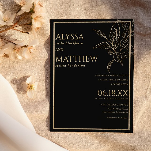 Invitation Mariage luxueux feuillage d'or simple et noir (Luxury simple and black gold foliage wedding )
