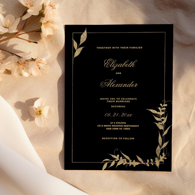 Invitation Mariage luxueux feuillage noir et or (Luxury black and gold foliage Wedding)