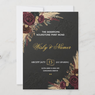 Invitation Mariage Luxueux Fleurs Noires Bourgogne & Or