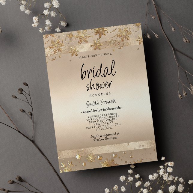 Invitation Mariage Luxueux Flocons de Neige Dorés Champagne (Champagne Golden Snowflakes Luxury Bridal Shower )