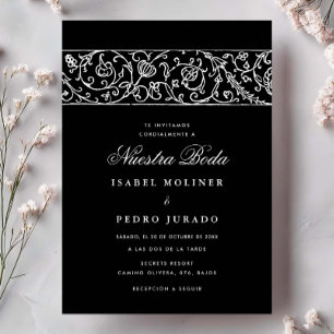 Invitation Mariage Luxueux Floral Noir & Blanc Nuestra Boda