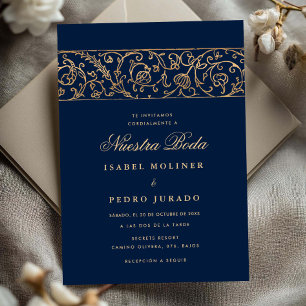 Invitation Mariage Luxueux Floral Or Bleu Marine Nuestra Boda