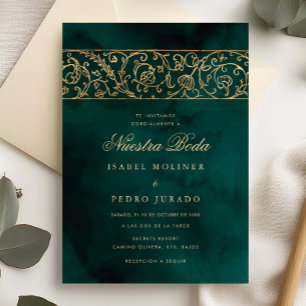 Invitation Mariage Luxueux Floral Or & Vert Nuestra Boda