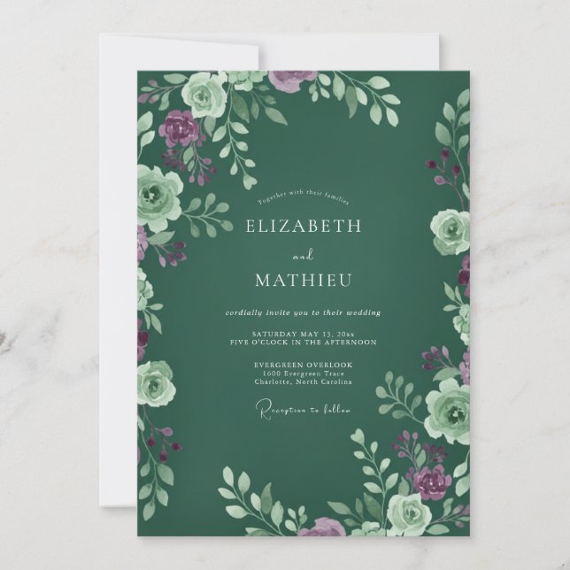 Invitation Mariage Luxueux Forestier aux Feuilles de Prune (Devant)