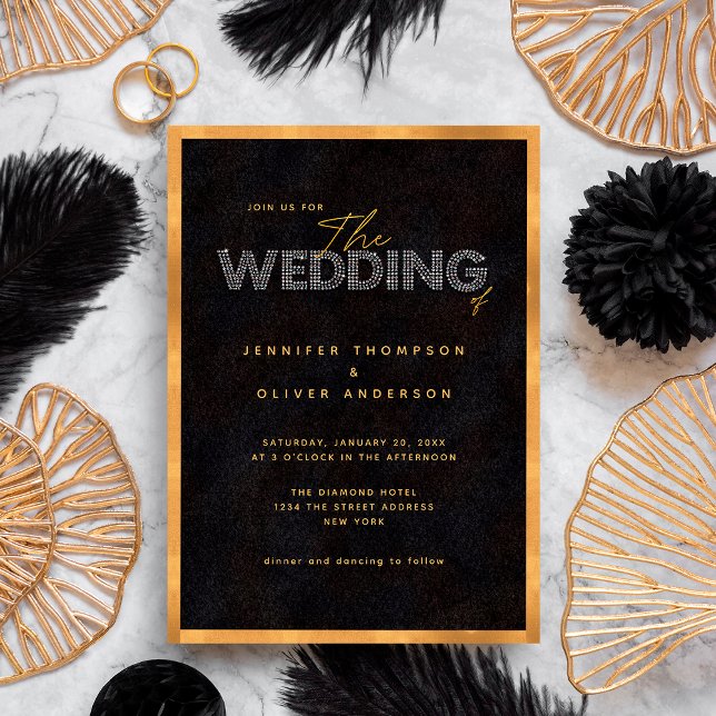 Invitation Mariage Luxueux Moderne et Chic Noir et Or (Front)