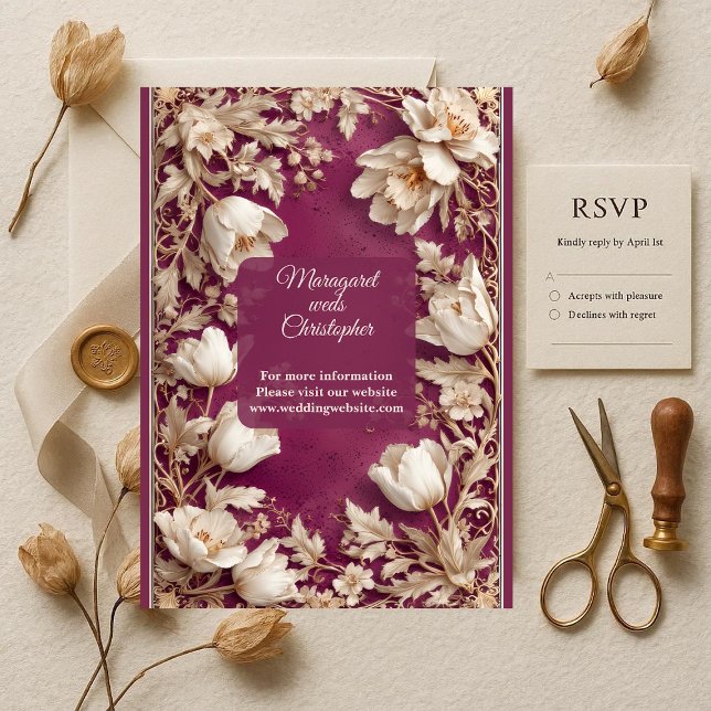 Invitation Mariage Luxueux Mûre Baroque Opulent Tulipe d'Or (Luxury Mulberry Baroque Opulent Gold Tulip Wedding Invitation)
