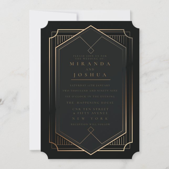 Invitation Mariage Luxueux Noir Élégant Art Déco (Devant)