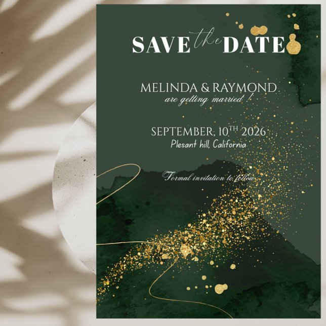 Invitation Mariage Luxueux Or et Vert Save the Date (Créateur téléchargé)