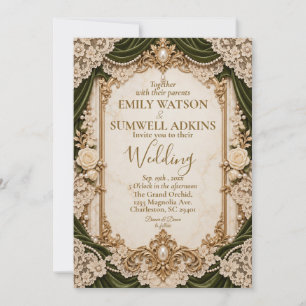 Invitation Mariage Luxueux Or Laçage Ivoire Olive Victorien