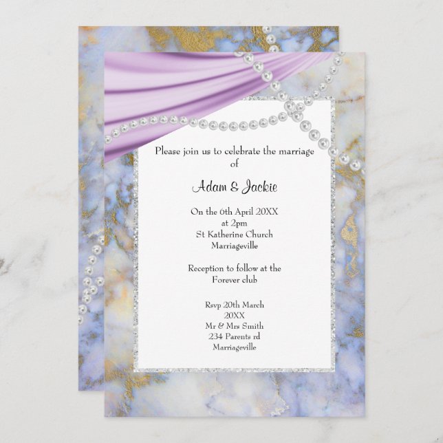 INVITATION MARIAGE LUXUEUX PEARLES EN MARBRE PURPLE (Devant / Derrière)