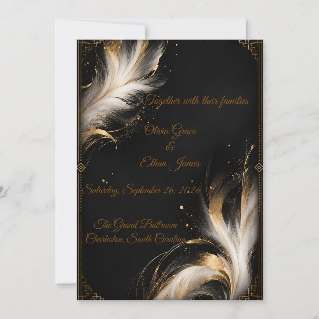 Invitation Mariage Luxueux Plume Abstraite Noir Or (Devant)